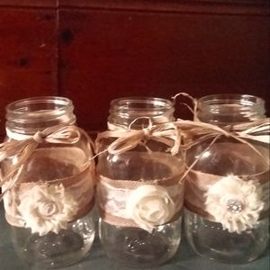 Burlap and Flower covered Mason Jars